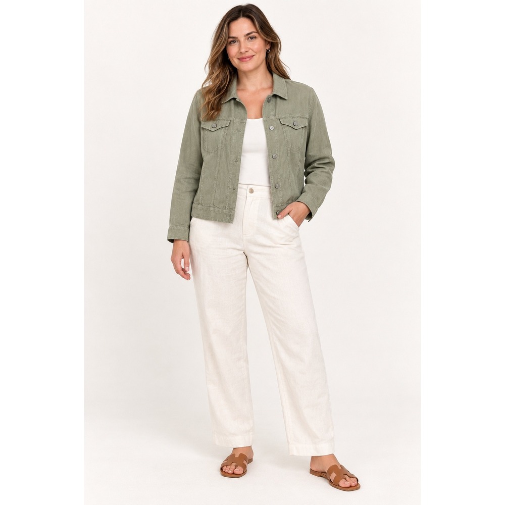 Jones New York JNY Sage Green 100% Linen Trucker Jacket 1X Boho Minimalist Boho